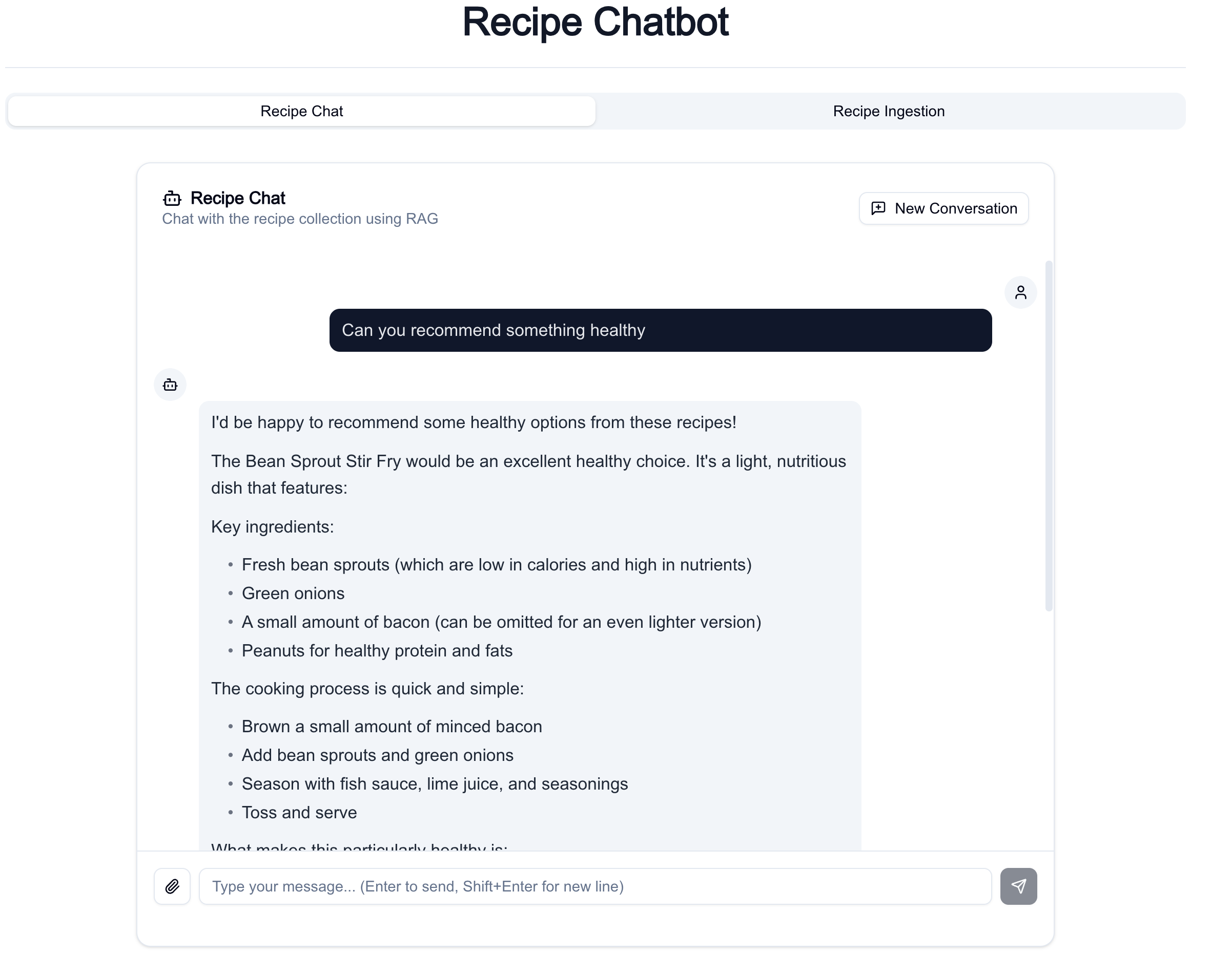 A screenshot the ui showing a user asking for a healthy recipe and the AI responding with bean sprout stir fry